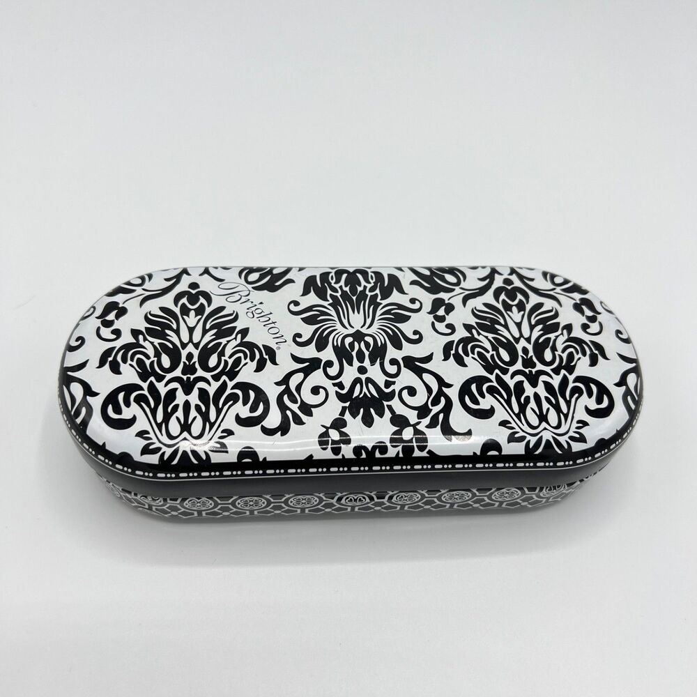 Brighton Sunglasses Case Metal Tin Black/White Damask Print